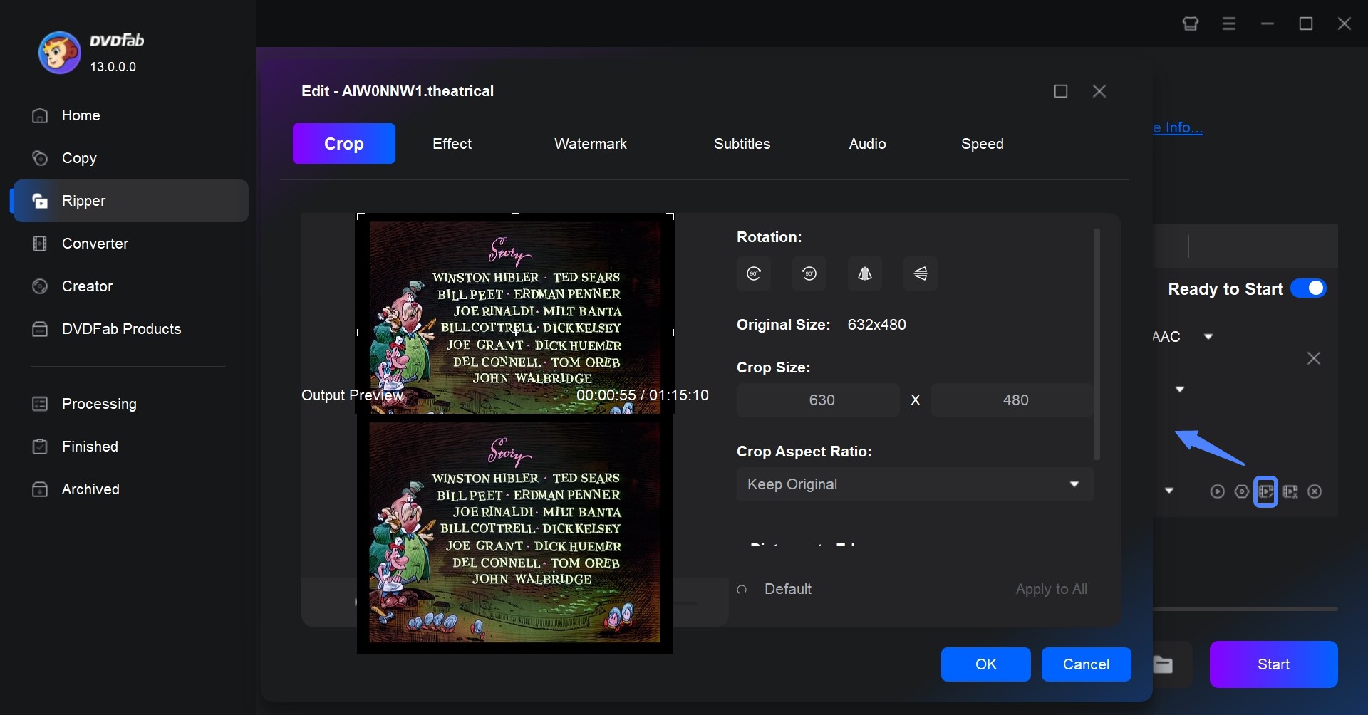 Настройки и инструменты обработки DVDFab Ripper перед запуском конвертации