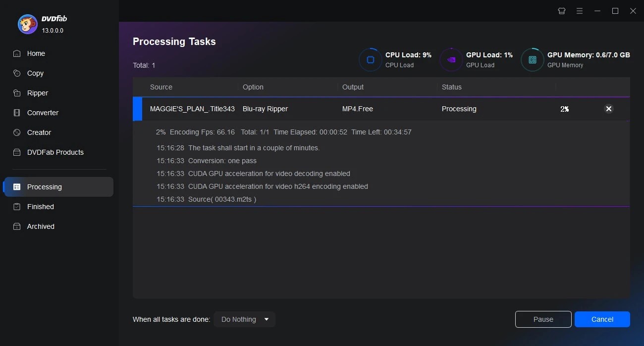 Экран Processing Tasks в DVDFab с активной задачей и действием после завершения очереди