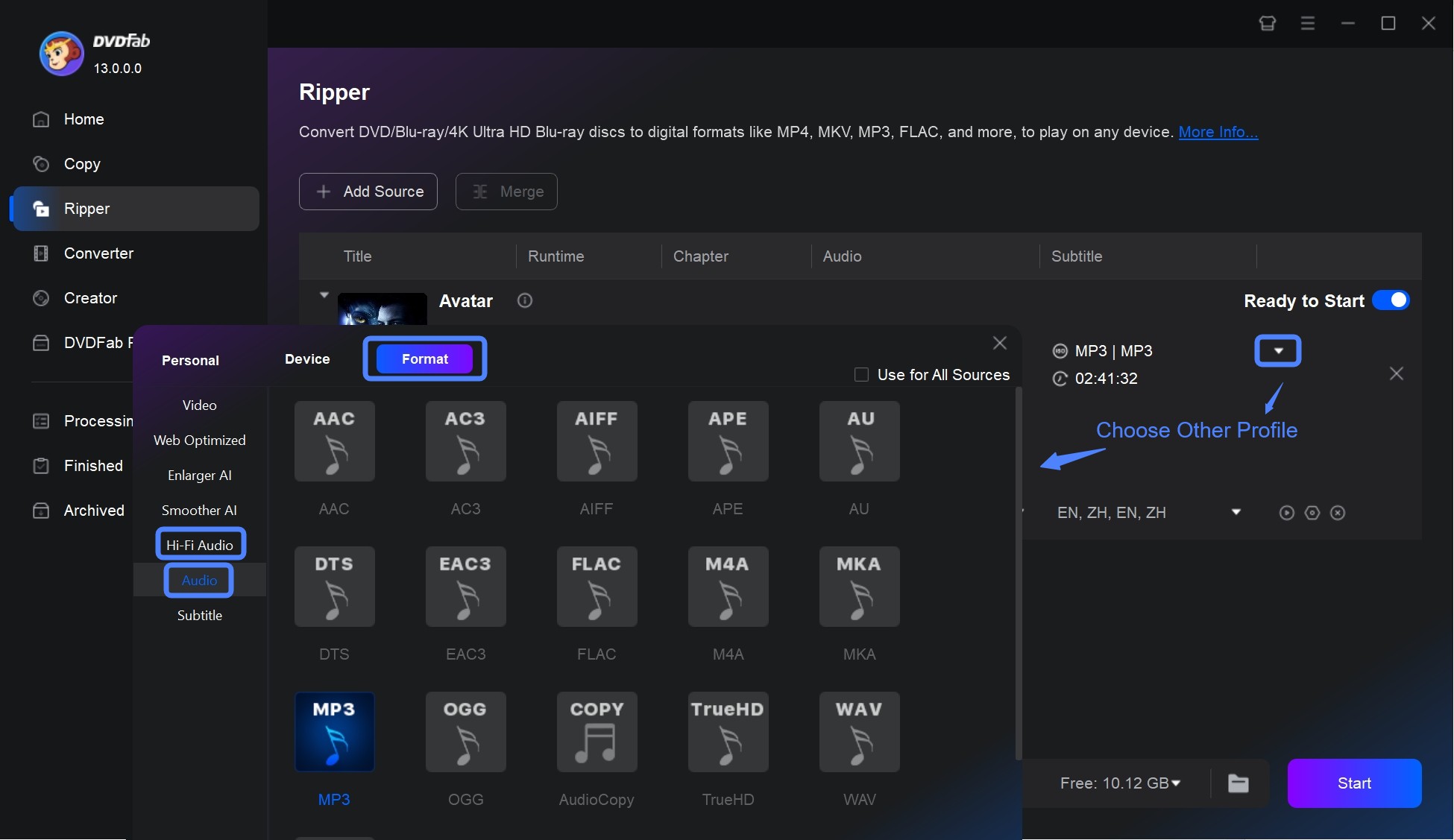 Библиотека аудиопрофилей DVDFab Ripper с выбором формата для извлечения звука
