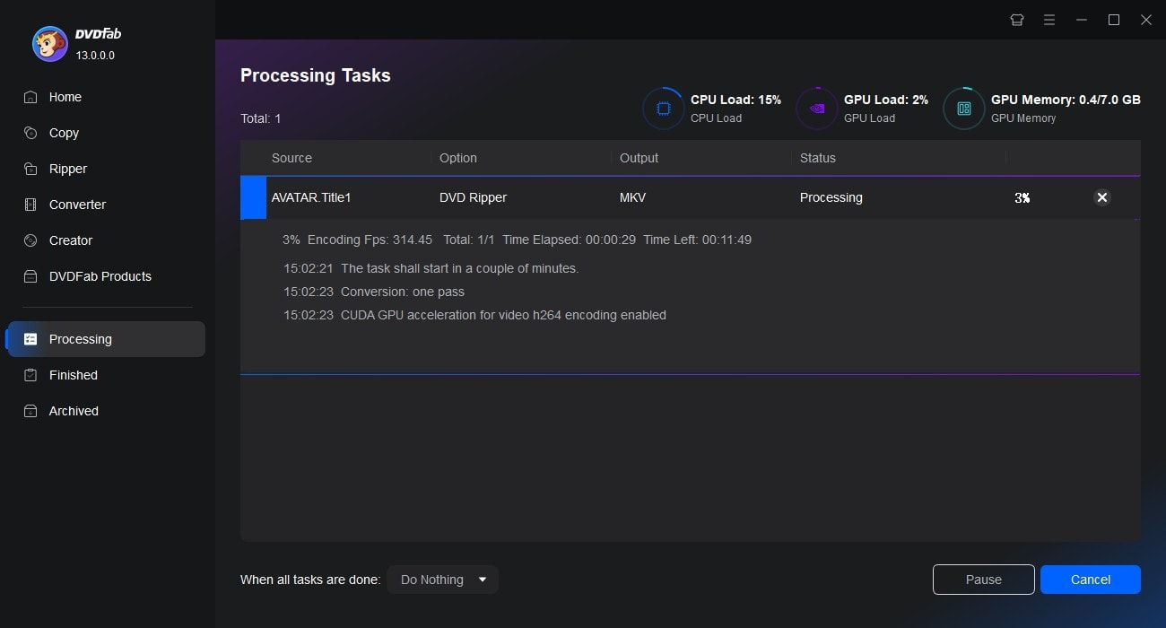 Официальный шаг DVDFab DVD Ripper: запуск риппинга и отображение процесса выполнения задачи