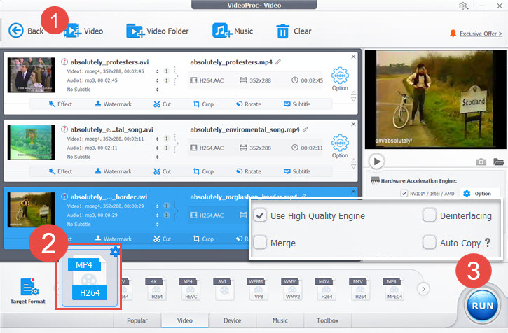 Главное окно VideoProc с очередью видео, Target Format и кнопкой RUN