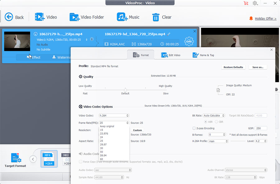 Video Codec Options в VideoProc с раскрытым списком Frame Rate