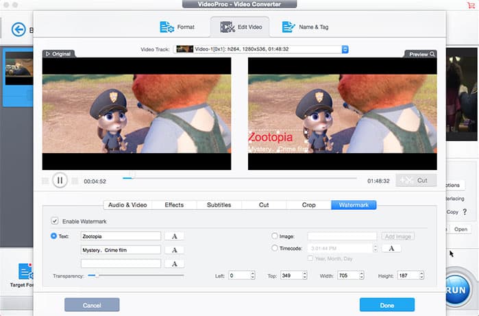 Панель Watermark в VideoProc с текстом, изображением и таймкодом