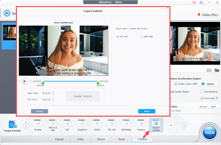 Инструмент Export Subtitle в VideoProc с выбором SRT или ASS