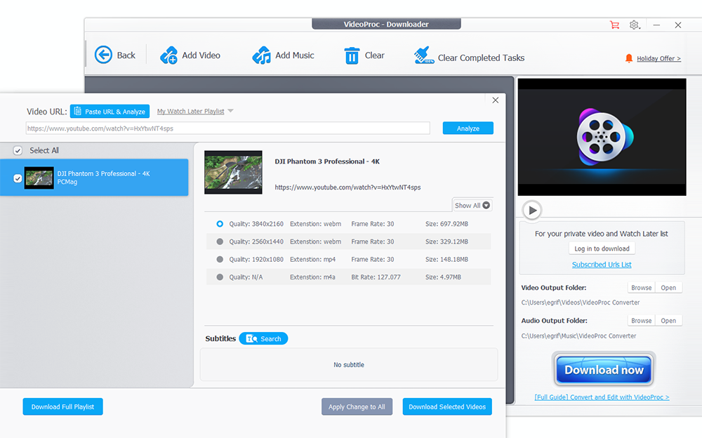 VideoProc Downloader после анализа ссылки с вариантами качества