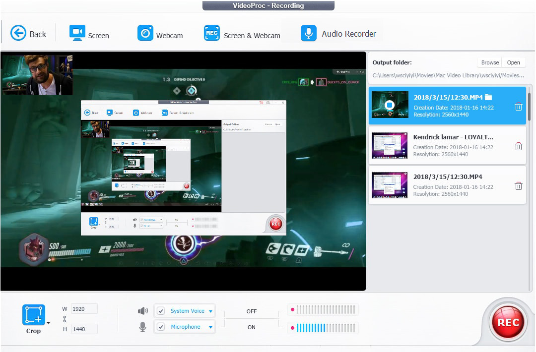 Рекордер VideoProc с режимами Screen, Webcam и Screen & Webcam