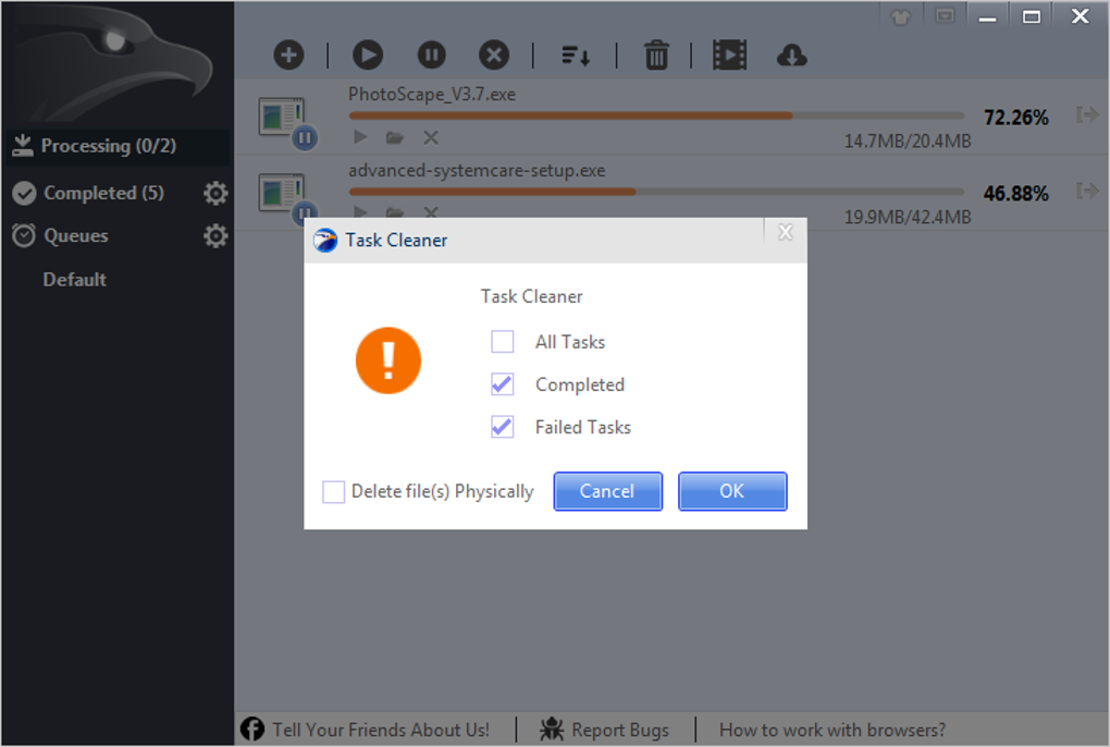 Диалог Task Cleaner в EagleGet для очистки завершённых и ошибочных задач