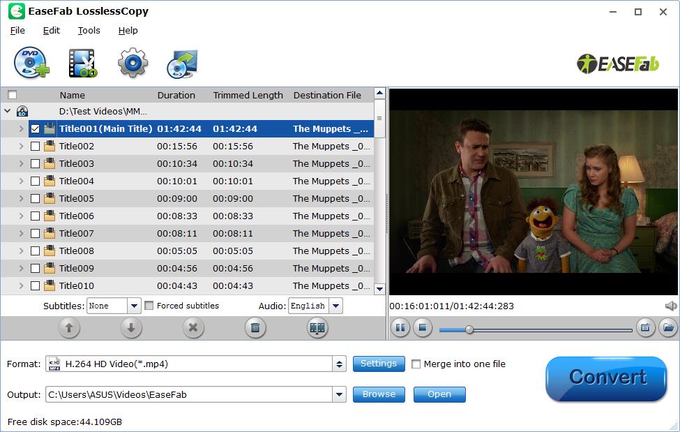 EaseFab LosslessCopy со списком загруженных заголовков Blu-ray