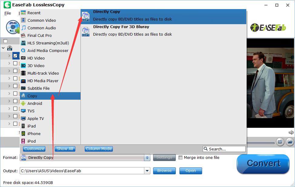 Профиль Directly Copy для основного фильма в EaseFab LosslessCopy