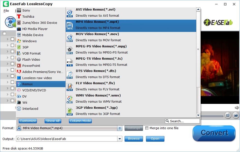 Категория Remux с профилями контейнеров в EaseFab LosslessCopy