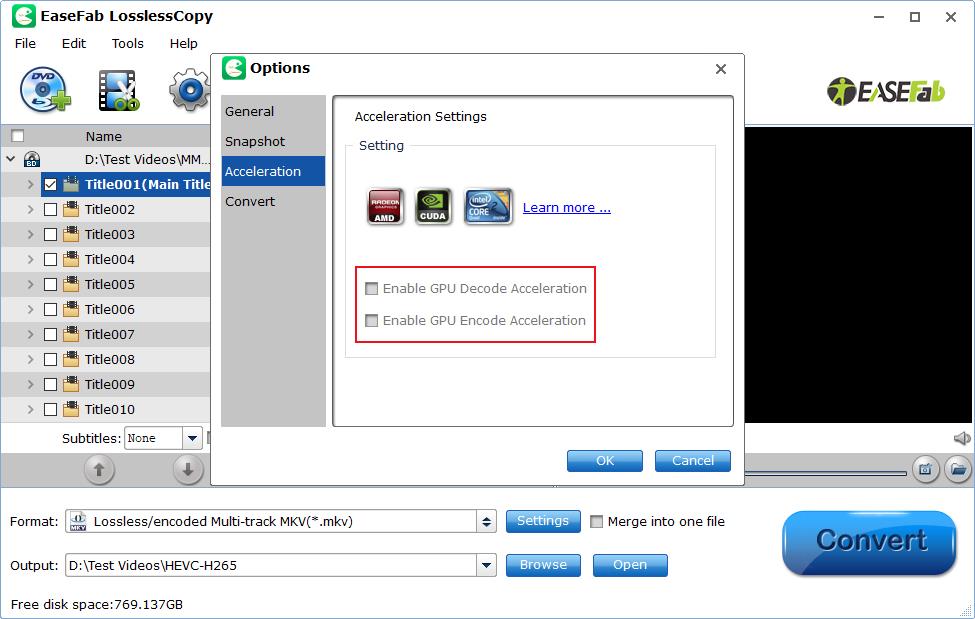 Options с настройками GPU Decode и Encode Acceleration в EaseFab LosslessCopy