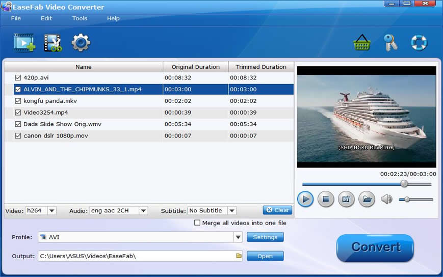 Очередь добавленных файлов в EaseFab Video Converter