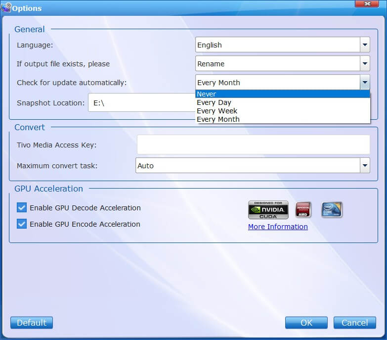 Окно Options EaseFab Video Converter