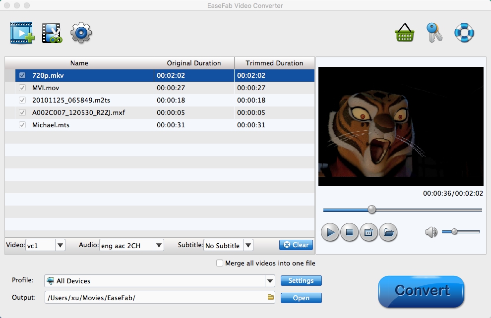 EaseFab Video Converter for Mac с загруженными файлами