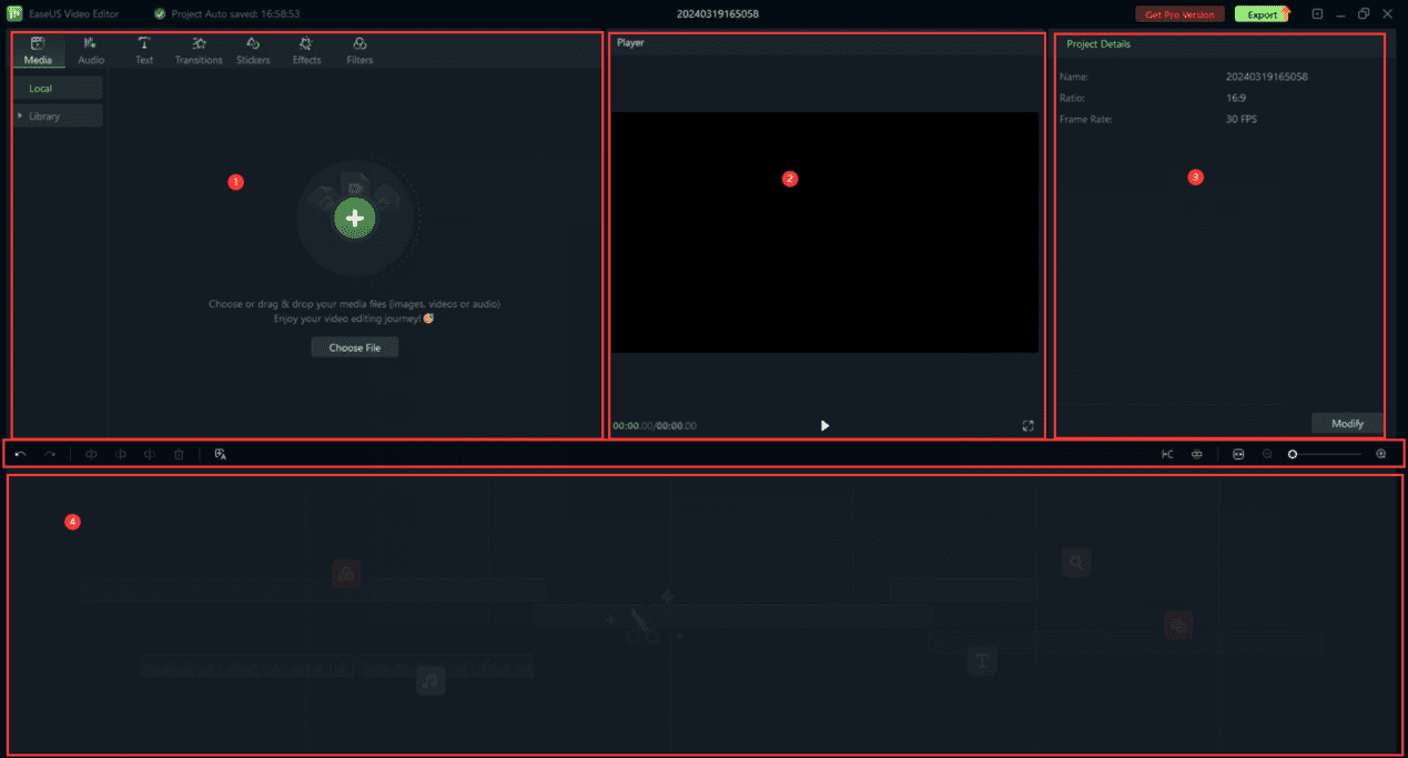 Главное окно EaseUS Video Editor с медиатекой, окном просмотра, панелью свойств и временной шкалой