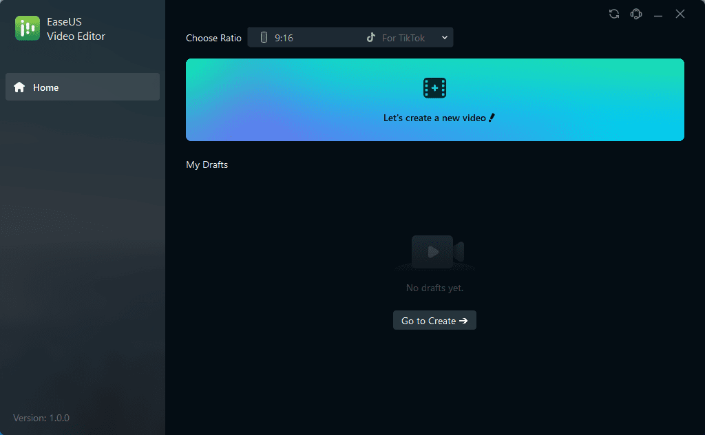 Стартовое окно EaseUS Video Editor с выбором пропорций проекта и списком черновиков