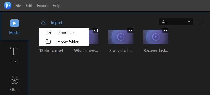 Меню импорта файла и папки в медиатеку EaseUS Video Editor