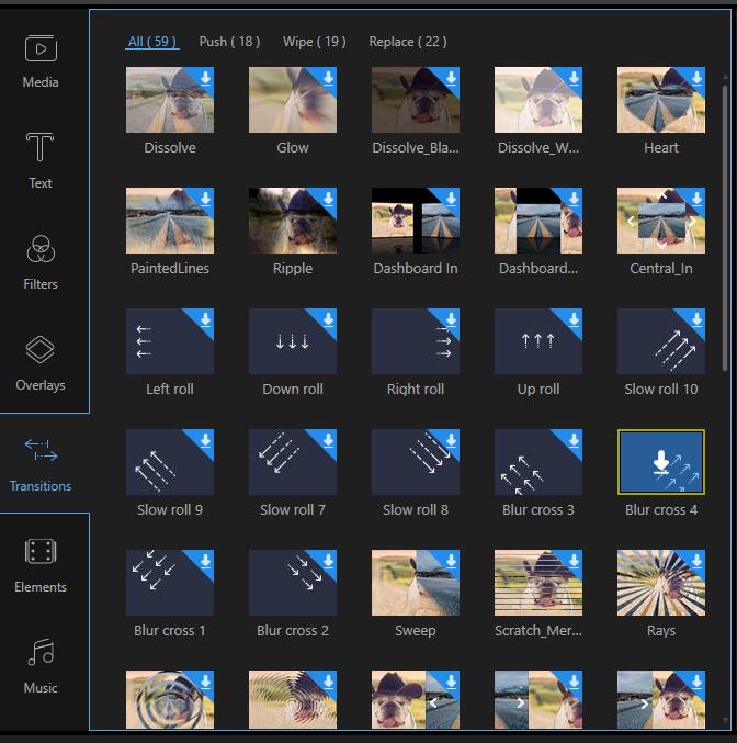 Библиотека переходов EaseUS Video Editor с несколькими категориями эффектов