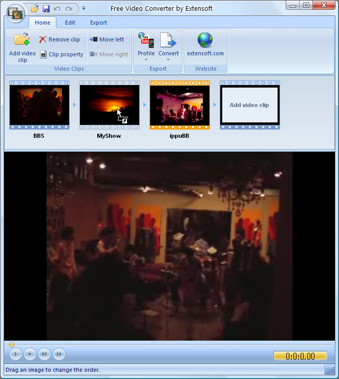 Вкладка Home с кнопками Add video clip, Remove clip, Clip property, Move left, Move right, Profile и Convert