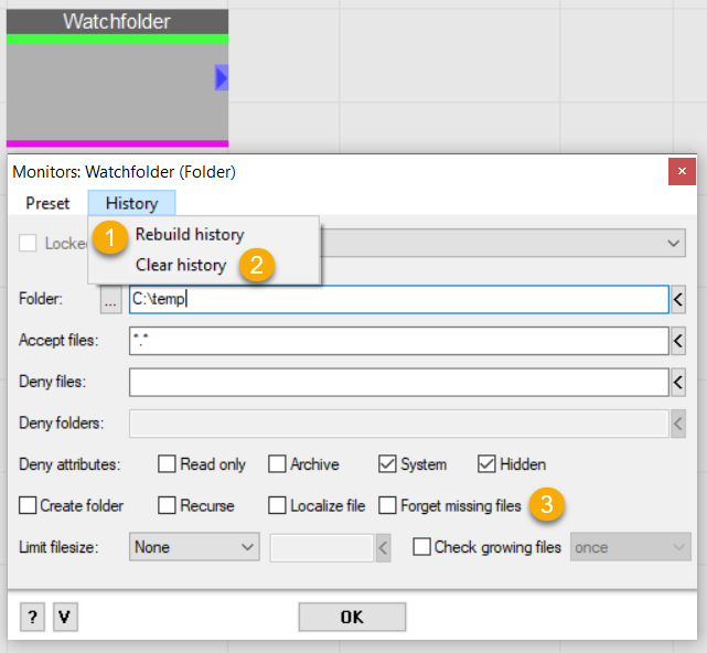 Настройки Watchfolder: папка, маски файлов, Rebuild history, Clear history и Forget missing files