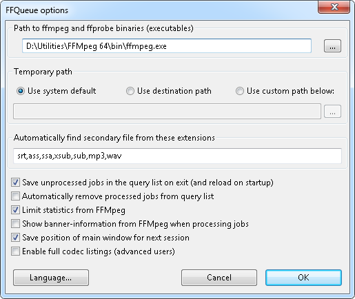 Окно Options в FFQueue