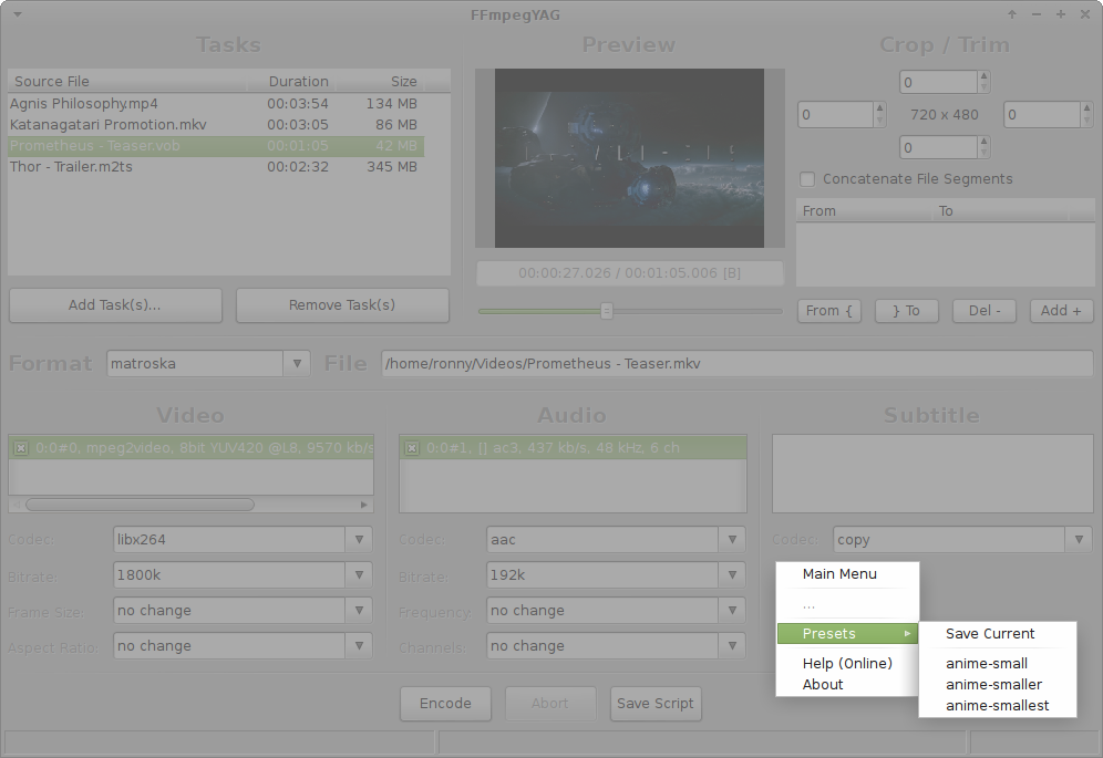 Контекстное меню Presets в FFmpegYAG