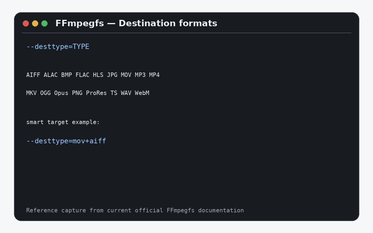 FFmpegfs: документированные целевые форматы и типы потоков