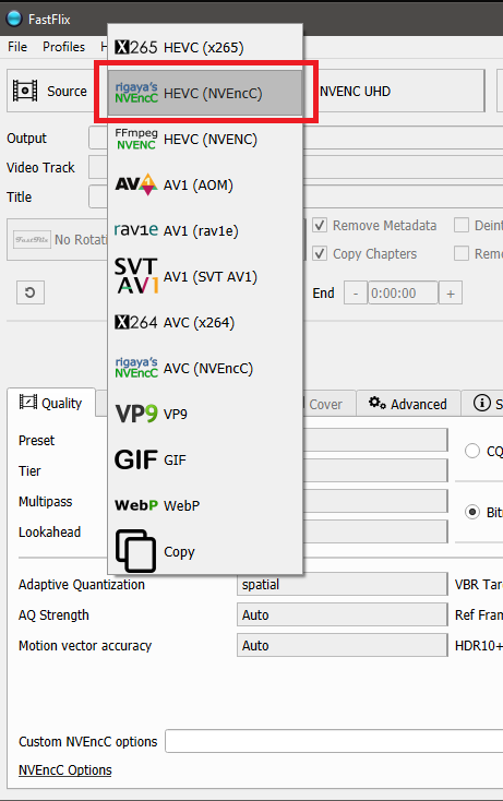 Раскрытый список видеокодировщиков FastFlix с NVEncC, FFmpeg NVENC, AV1, x264, VP9 и GIF