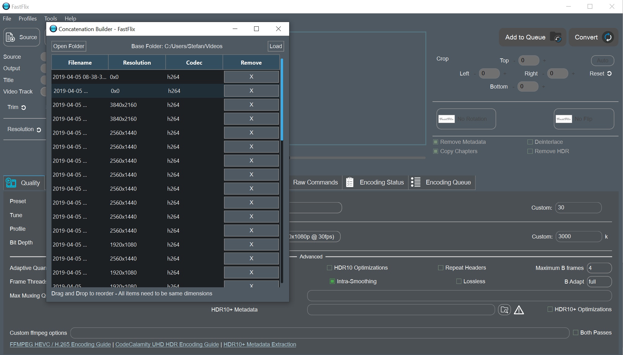 Окно Concatenation Builder FastFlix со списком файлов, разрешениями и кодеками
