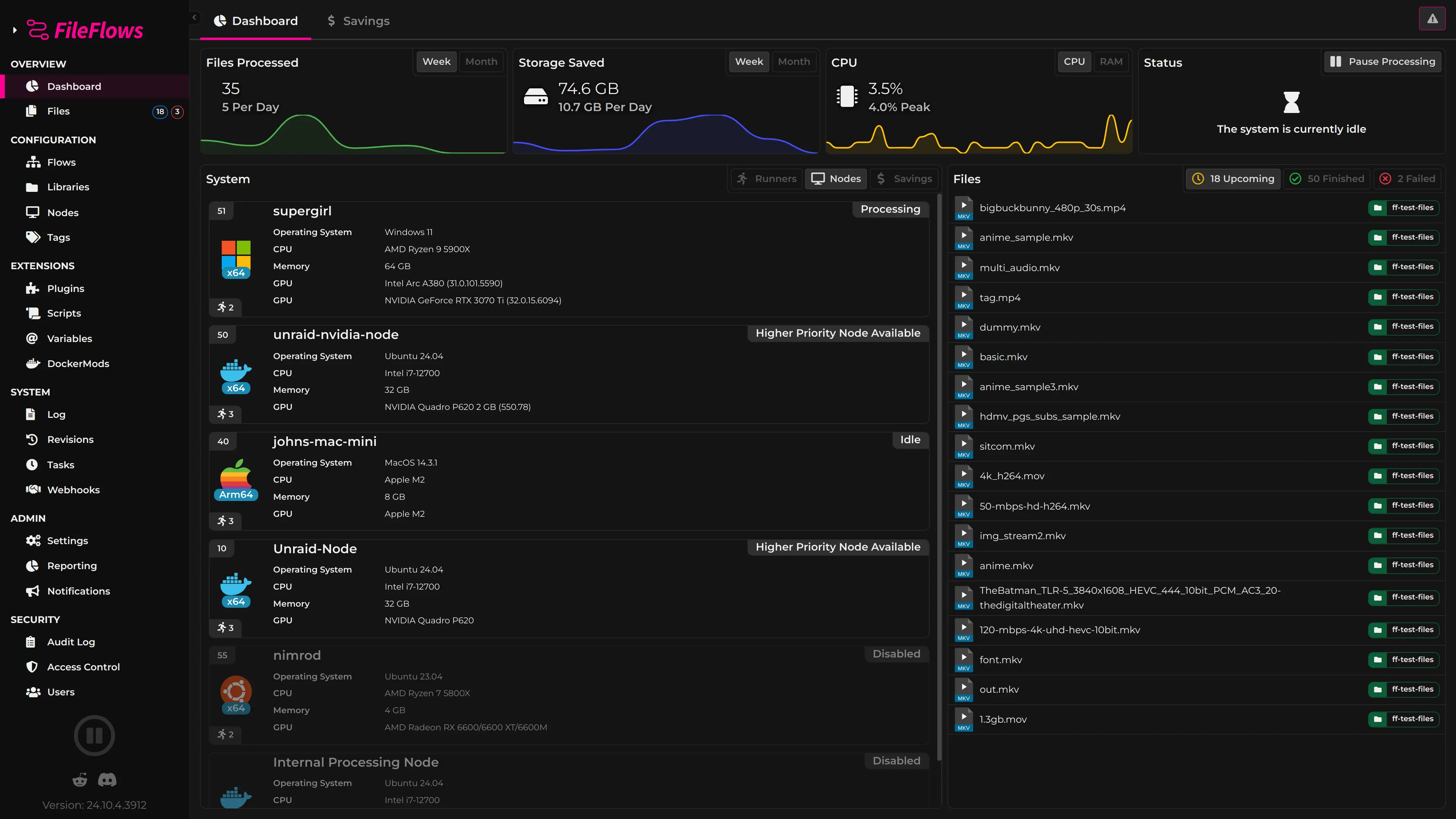 Dashboard FileFlows со списком узлов обработки и очередью файлов