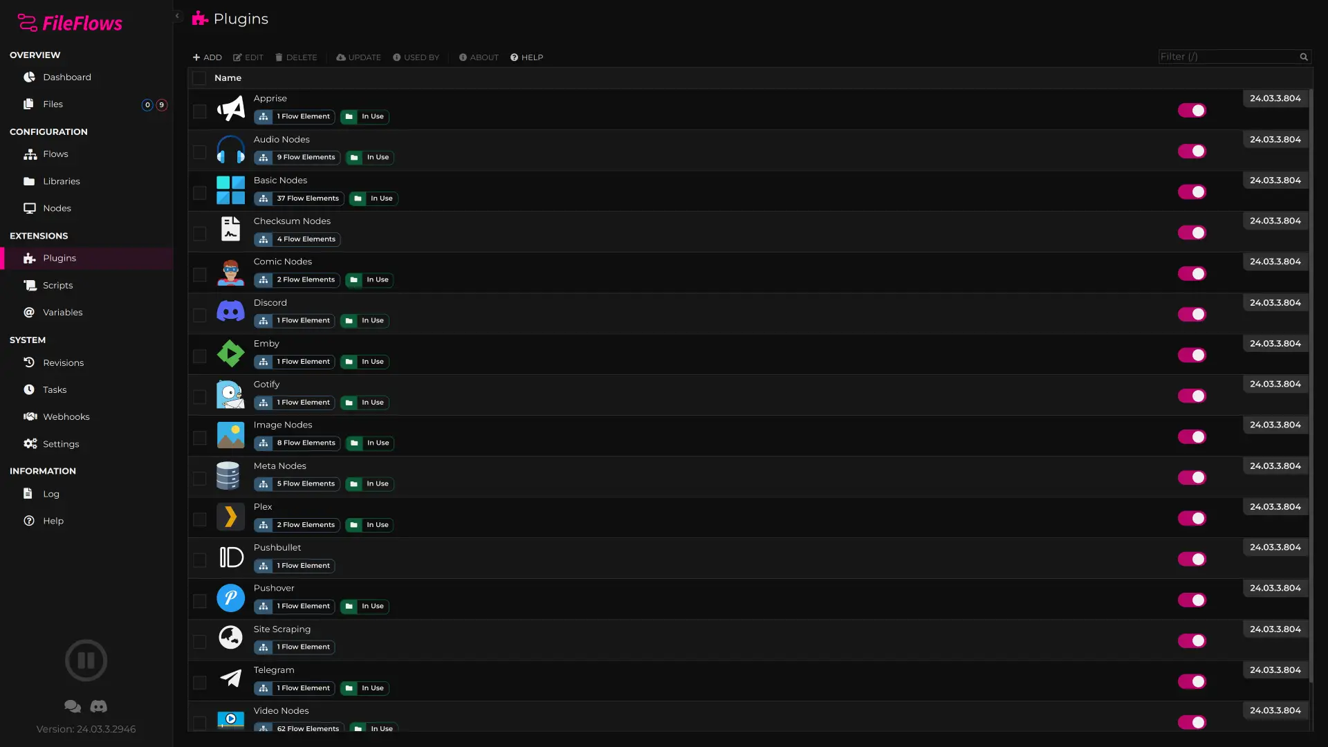 Список Plugins FileFlows с установленными расширениями
