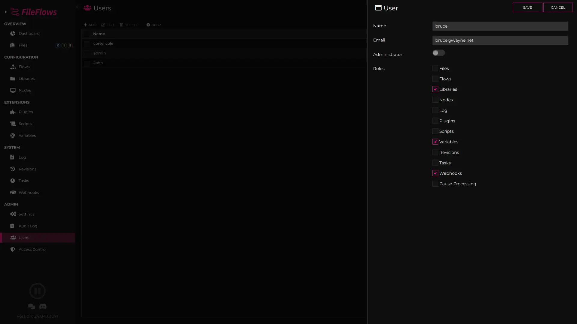 Редактирование пользователя FileFlows и назначение ролей доступа
