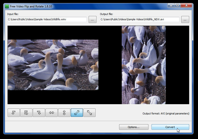 Free Video Flip and Rotate с исходным и повернутым кадром и кнопками поворота и отражения