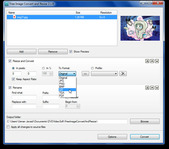 Free Image Convert and Resize со списком изображений, настройкой размера, формата и переименования