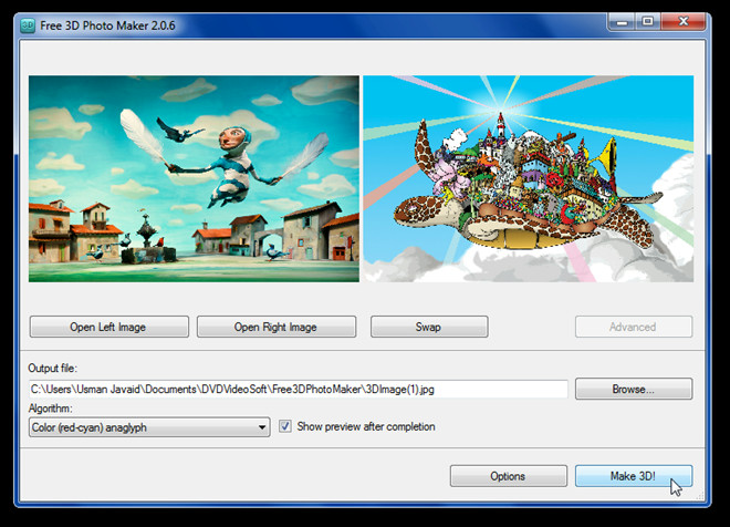 Free 3D Photo Maker с левым и правым изображением и выбором алгоритма анаглифа