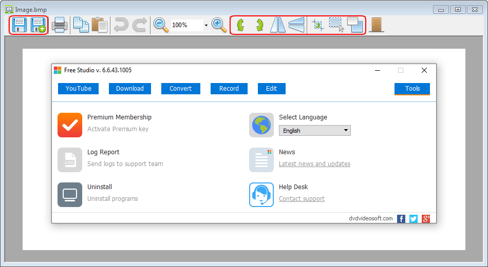 Вкладка Tools в Free Studio с пунктами Premium Membership, Log Report и Uninstall