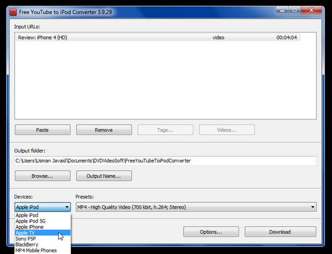 Free YouTube to iPod Converter со списком входных URL, папкой вывода и раскрытым списком устройств