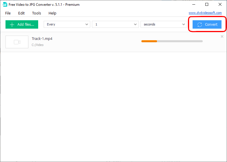 Free Video to JPG Converter во время извлечения кадров с индикатором выполнения и кнопкой Convert