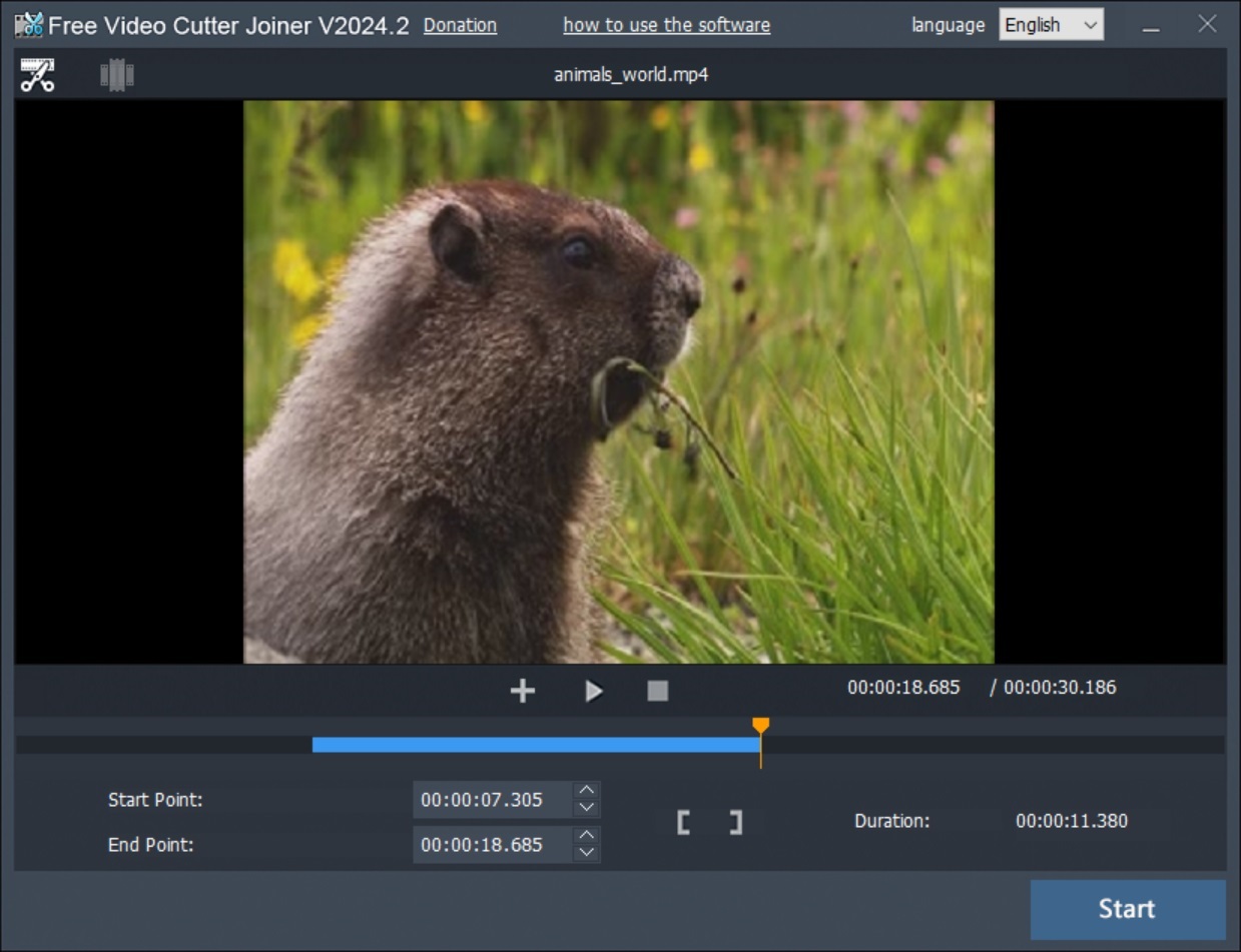 Главное окно Free Video Cutter Joiner с предпросмотром и настройкой границ