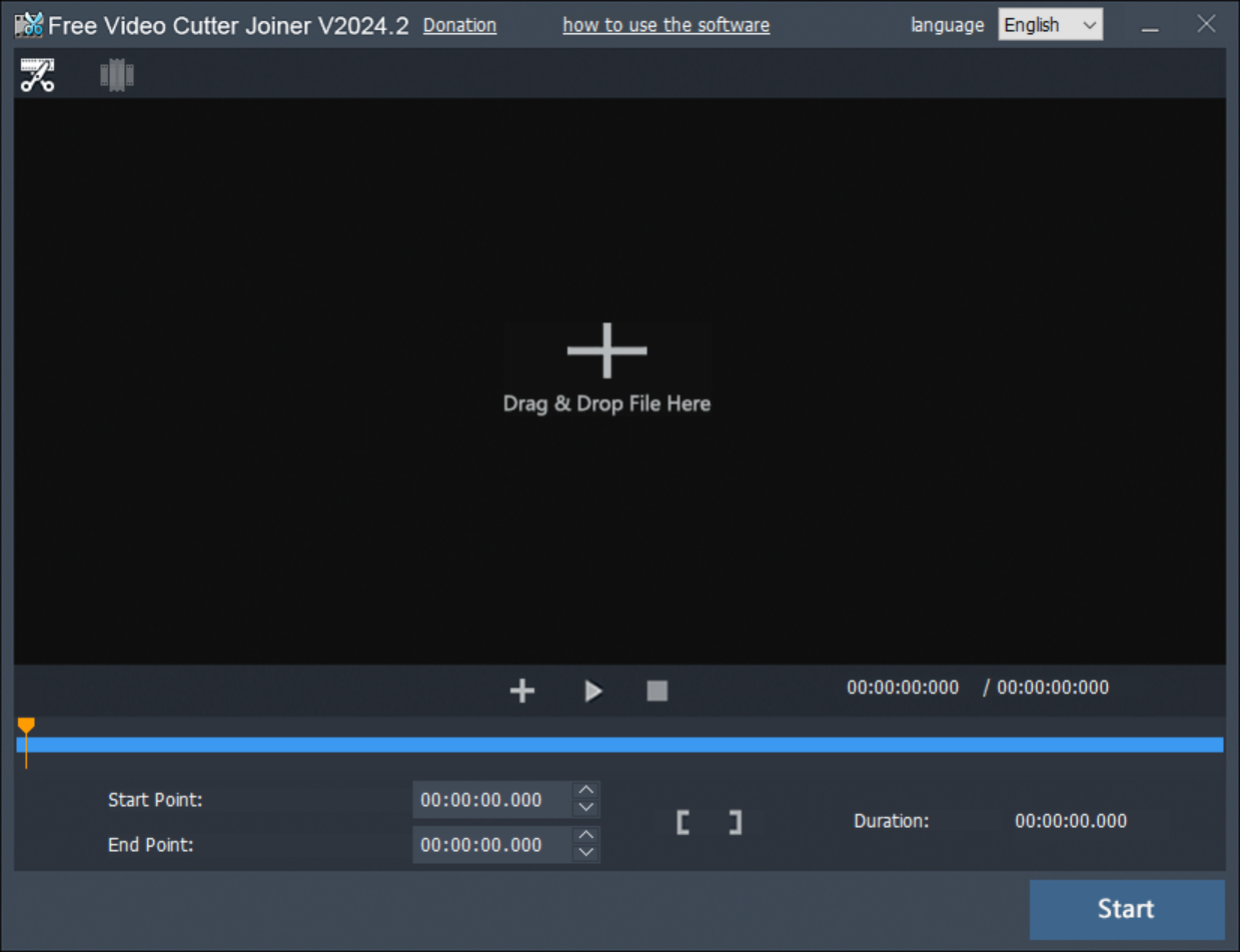 Пустое окно Cutter с областью Drag & Drop File Here