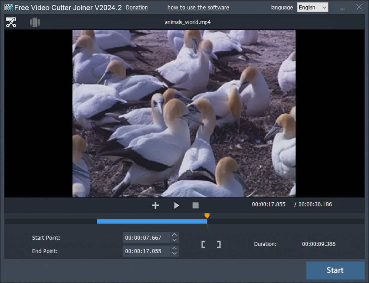 Выбор отрезка на шкале времени в Free Video Cutter Joiner