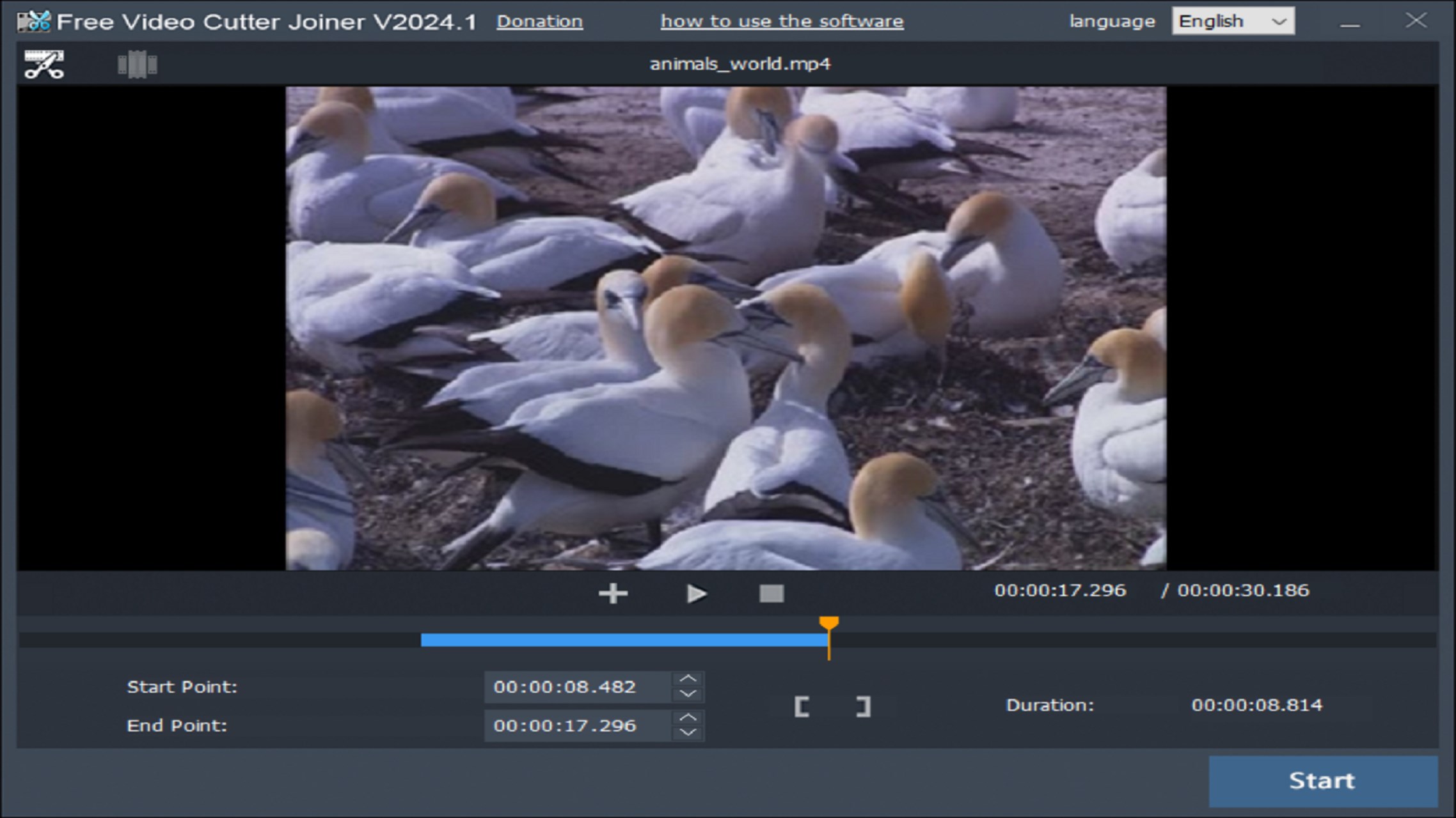 Free Video Cutter Joiner с видео в предпросмотре и выделенным диапазоном