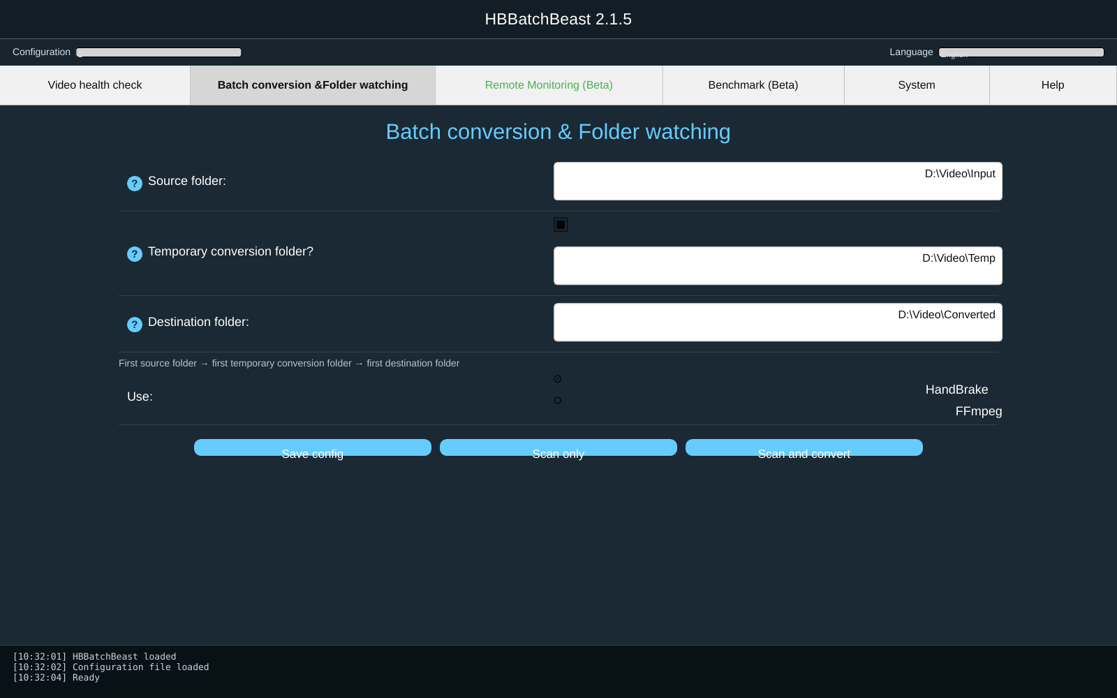 HBBatchBeast: исходные, временные и целевые папки пакетной обработки