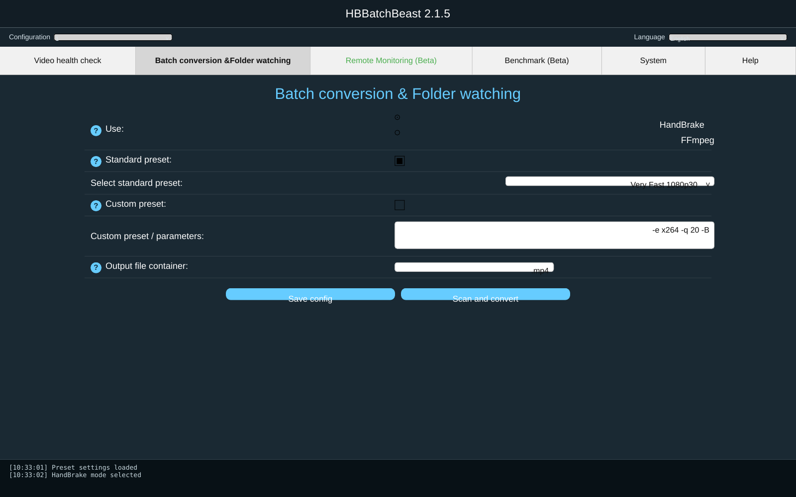 HBBatchBeast: пресет HandBrake, параметры и контейнер результата