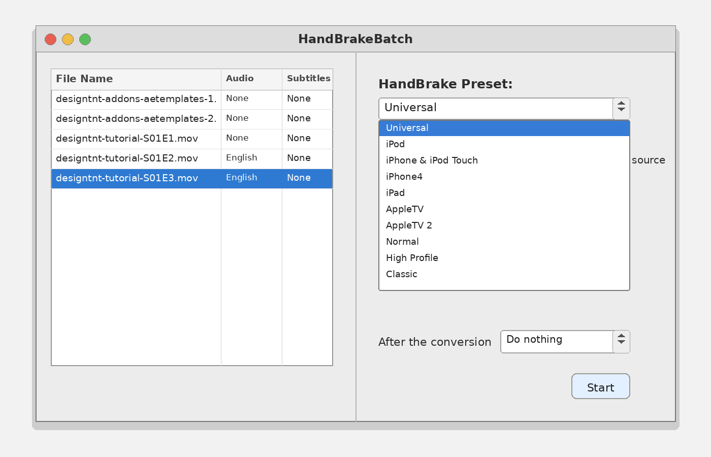 Список стандартных пресетов HandBrake в HandBrakeBatch