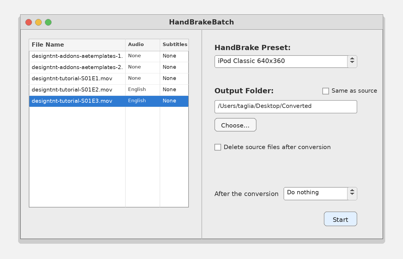 Пользовательский пресет HandBrake выбран в HandBrakeBatch