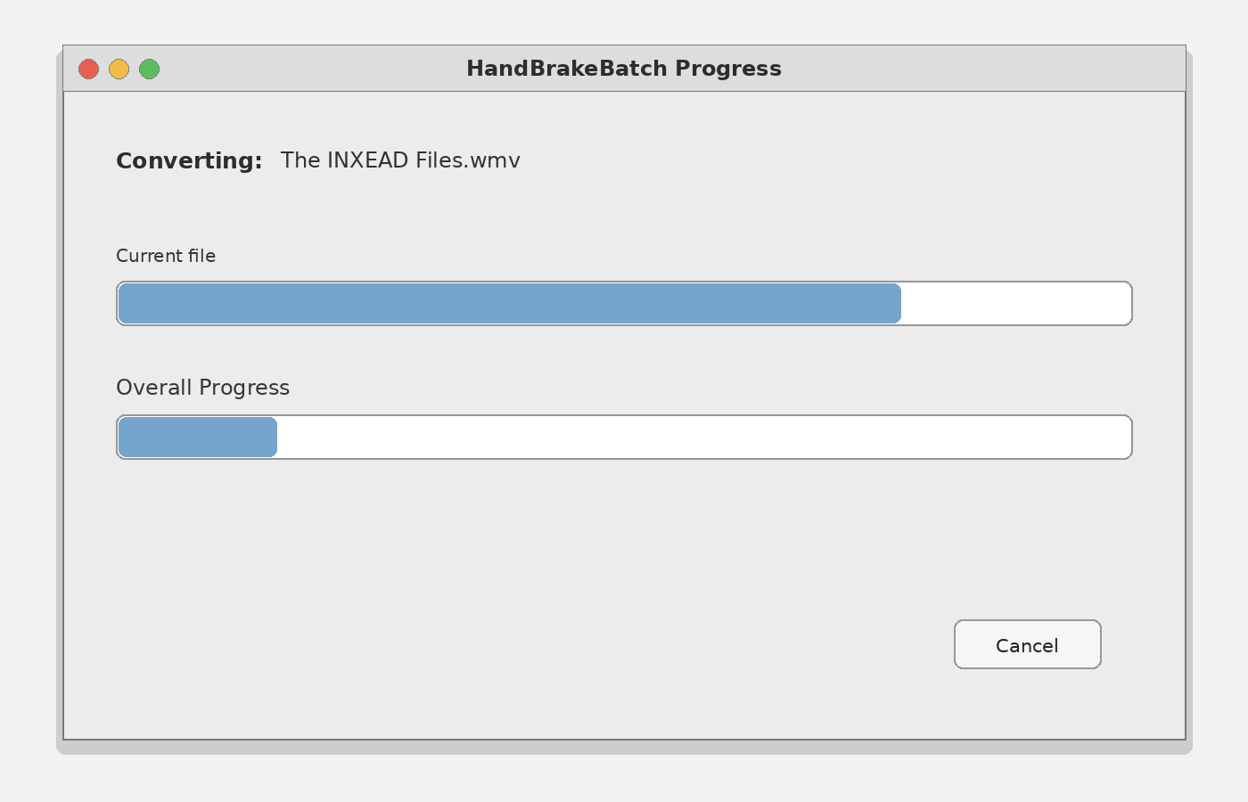 Окно HandBrakeBatch Progress с текущим и общим прогрессом