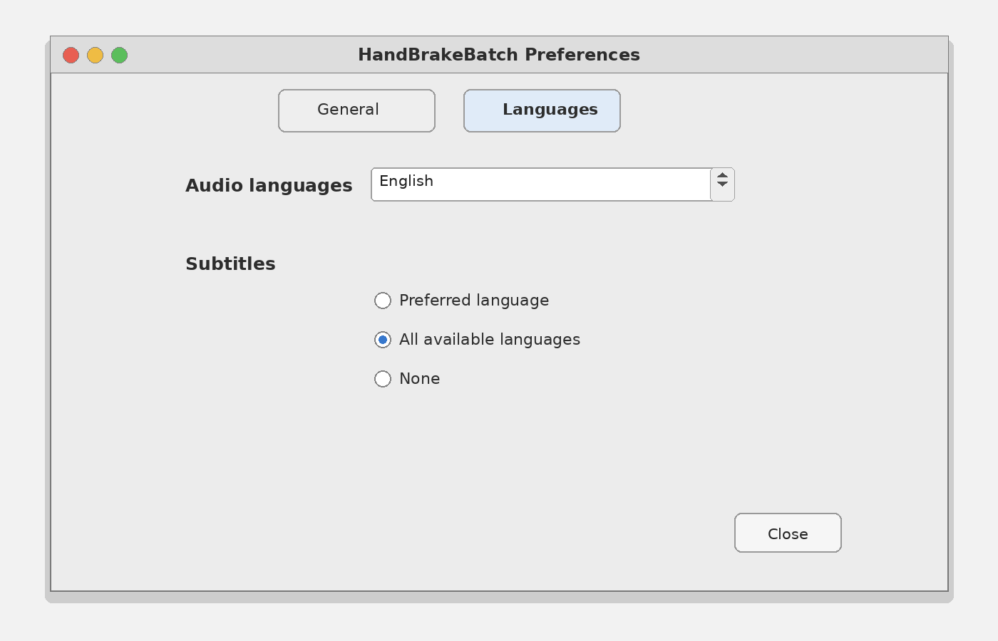 Вкладка Languages в настройках HandBrakeBatch