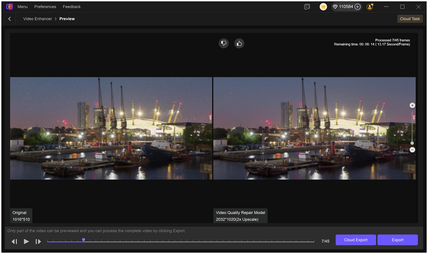 Preview Video Quality Repair с оригиналом и улучшенным кадром рядом