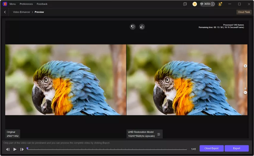 Сравнение до и после обработки UHD Restoration Model